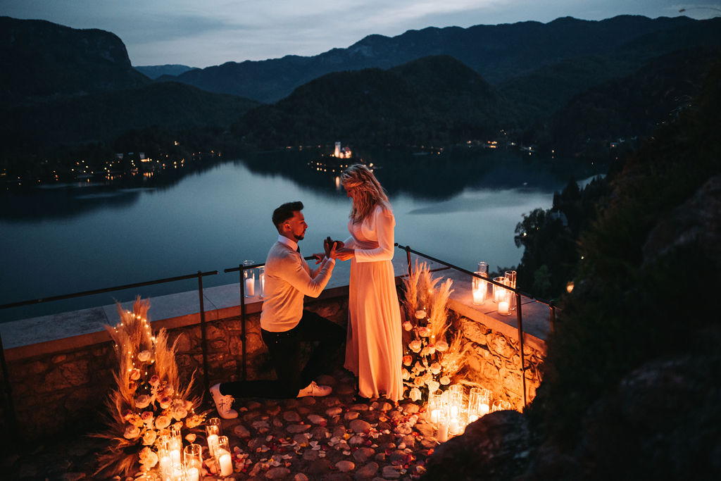 Candlelight dinner proposal at Lake Bled