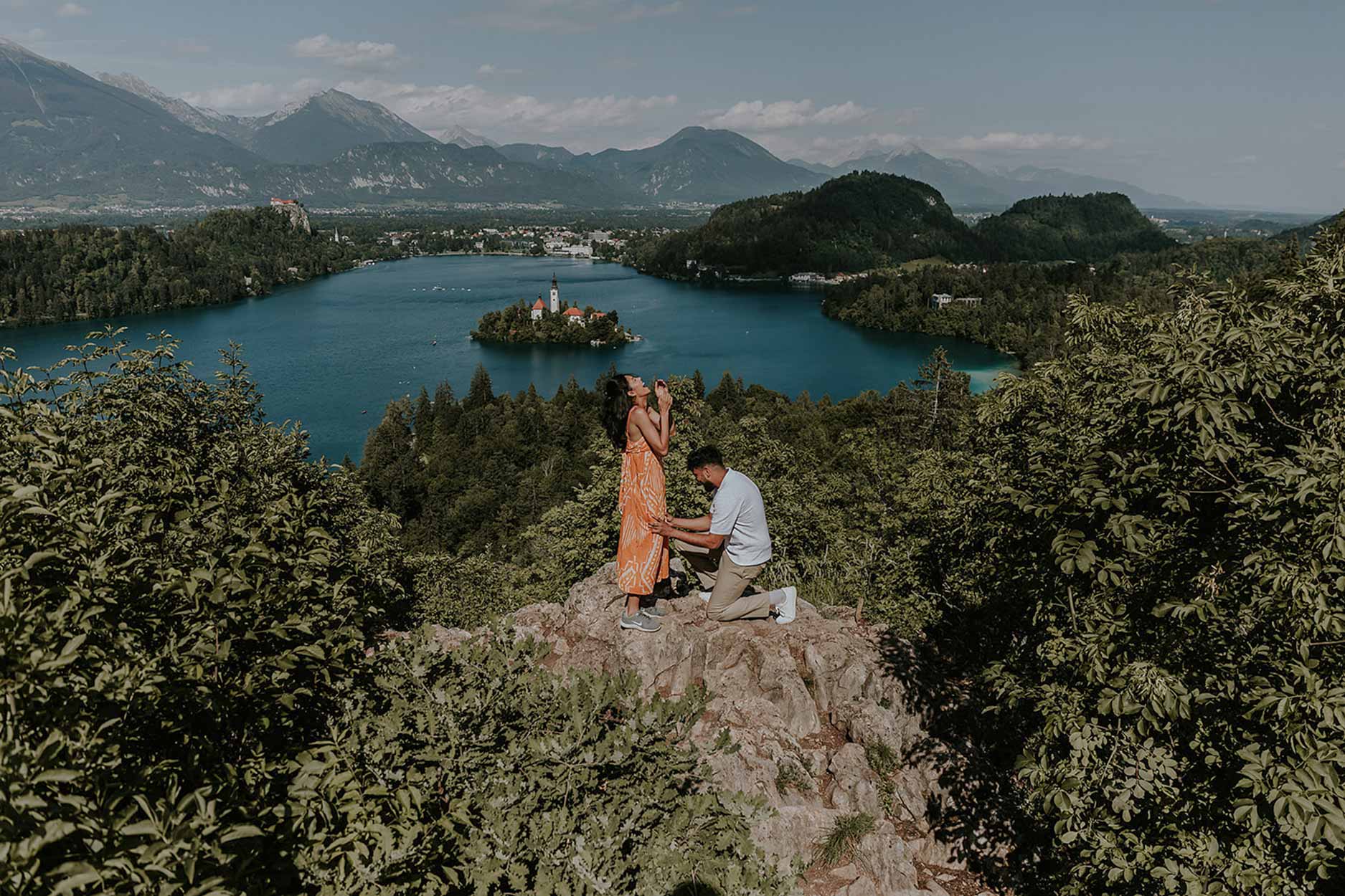Marriage proposal at a viewpoint above Lake Bled