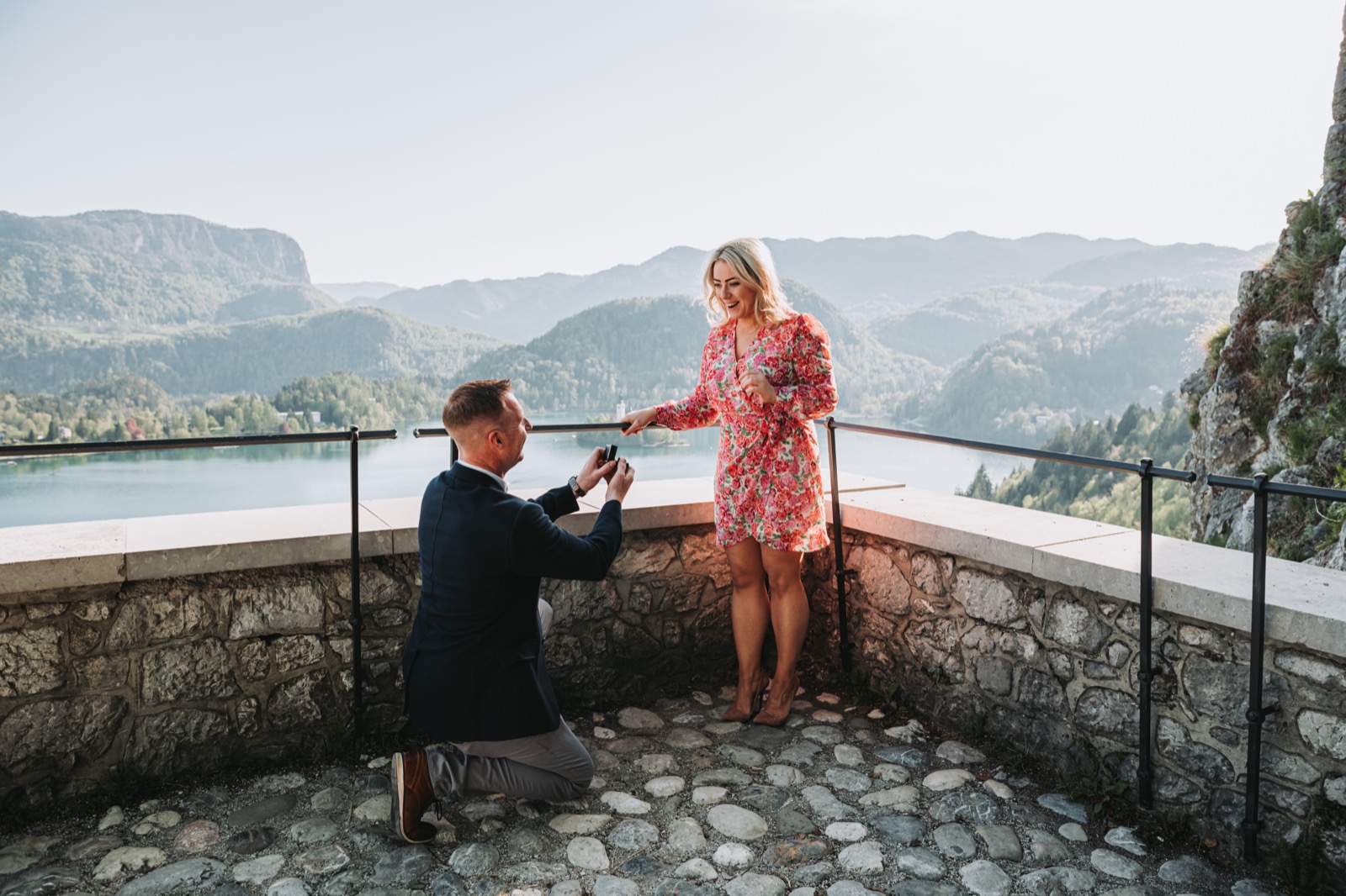 Marriage proposal at a viewpoint above Lake Bled