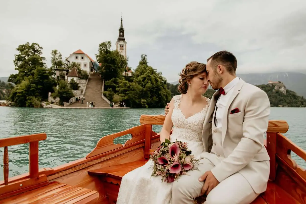 Newlyweds celebrating on Bled Island