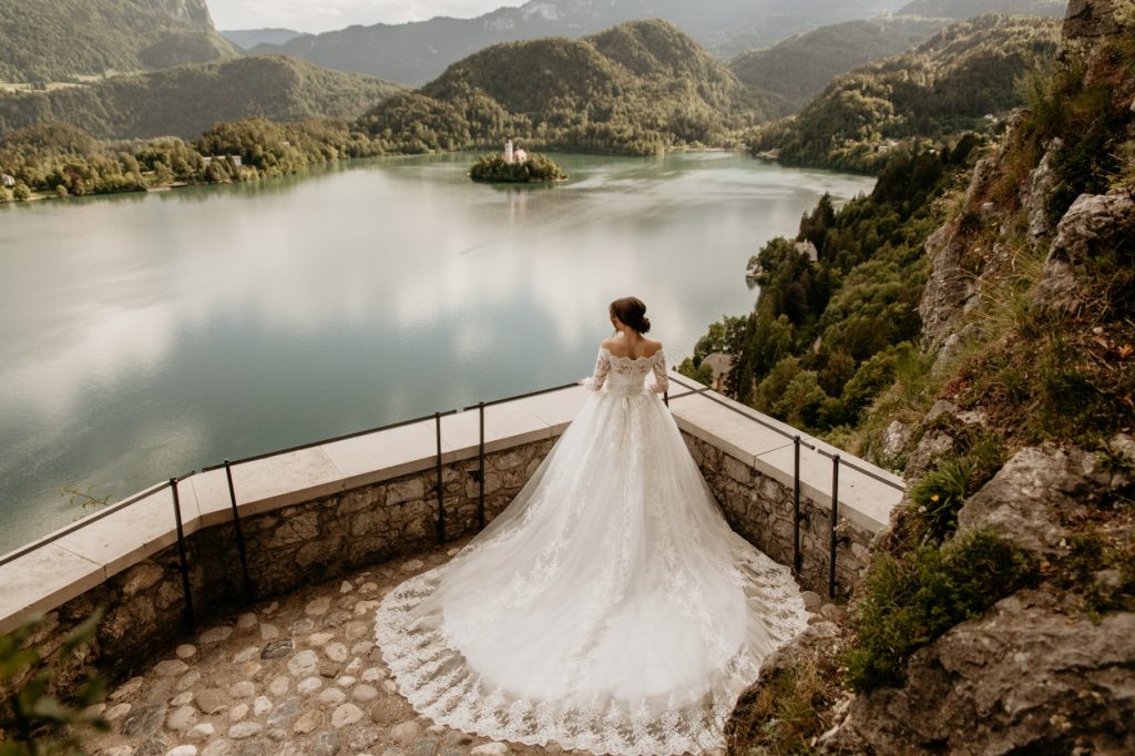 Bride posing on the Bled Castle terrace